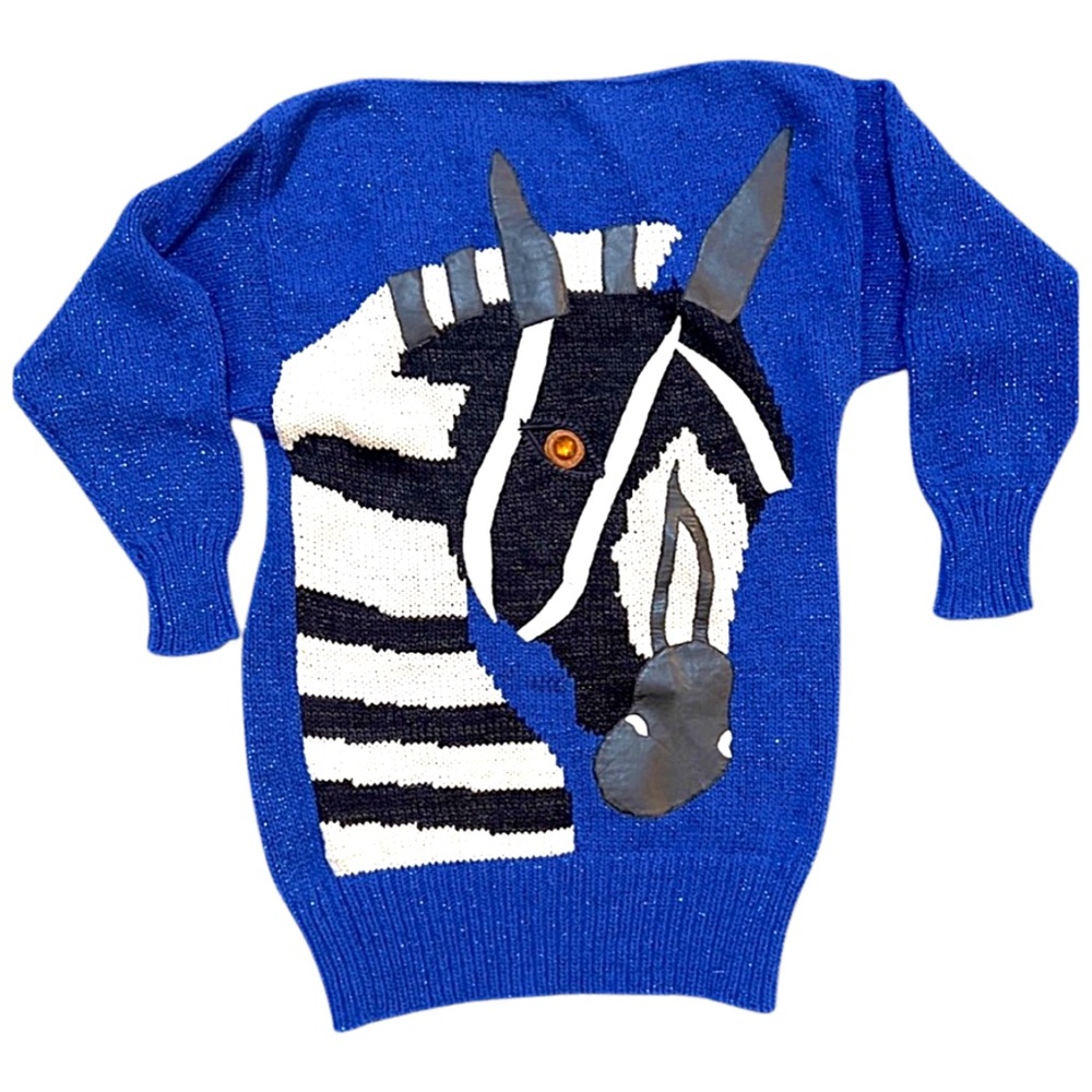VINTAGE Sparkling Royal Blue Chunky Knit Zebra Appliqué Sweater‎